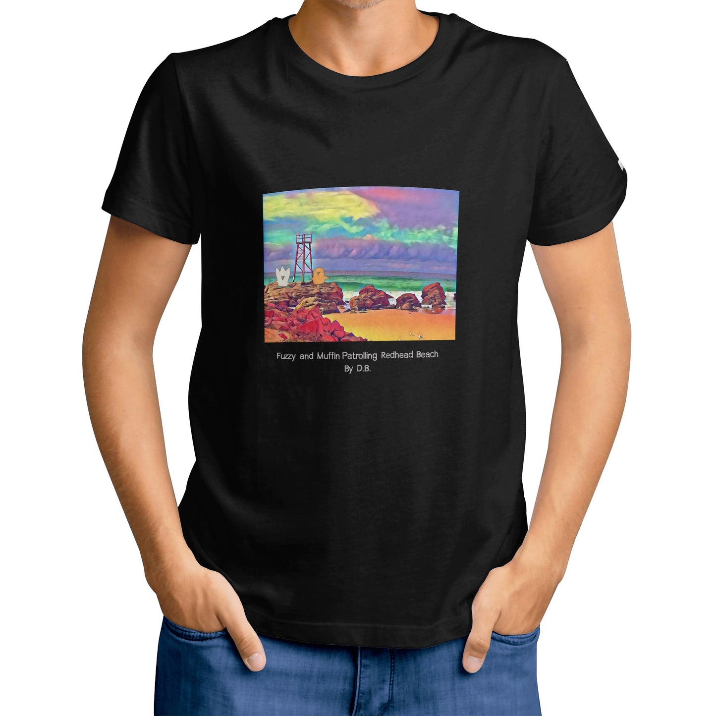 Fuzzy and Muffin Patrolling Redhead Beach Artwork by D.B.  Mens T-shirt