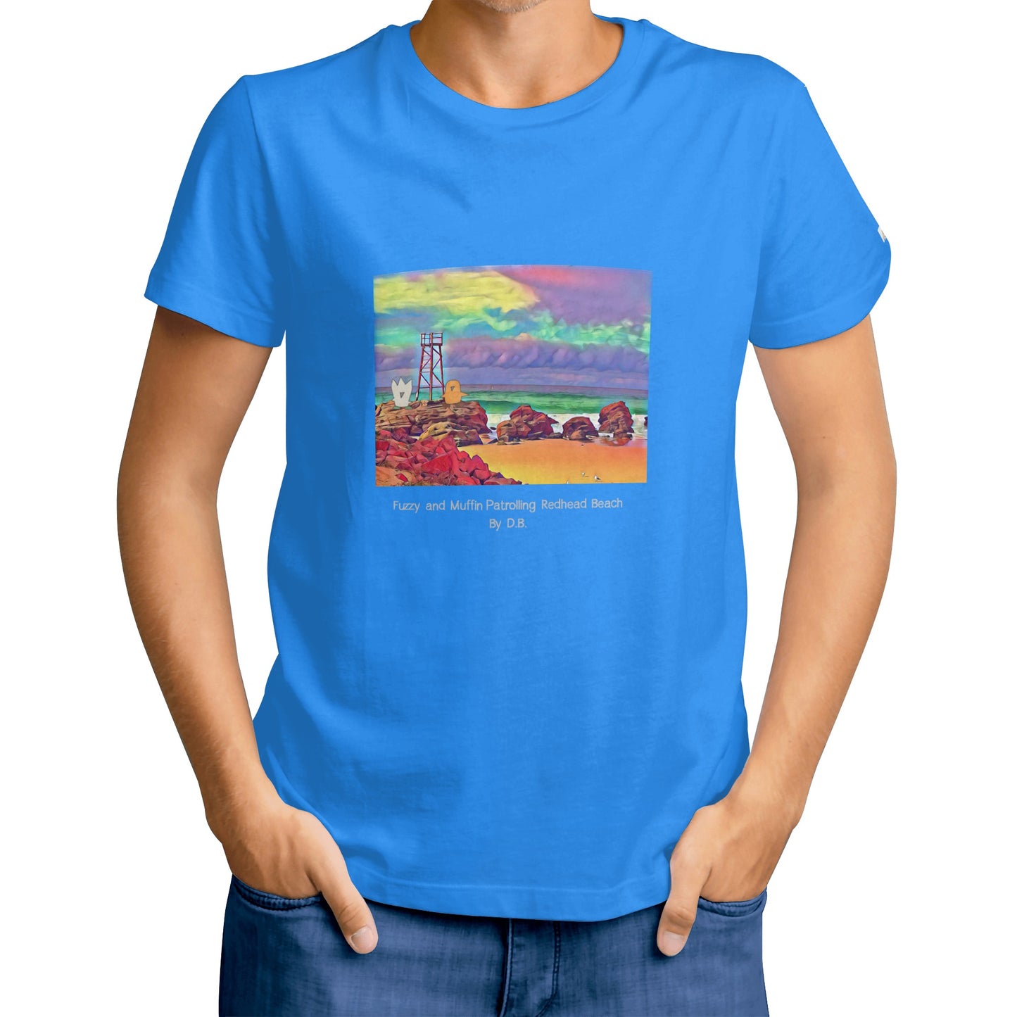 Fuzzy and Muffin Patrolling Redhead Beach Artwork by D.B. Mens T-shirt (Blue)