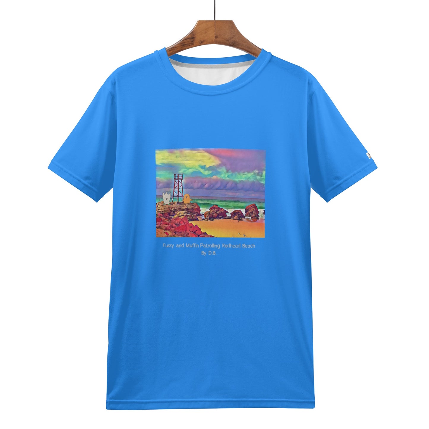 Fuzzy and Muffin Patrolling Redhead Beach Artwork by D.B. Mens T-shirt (Blue)