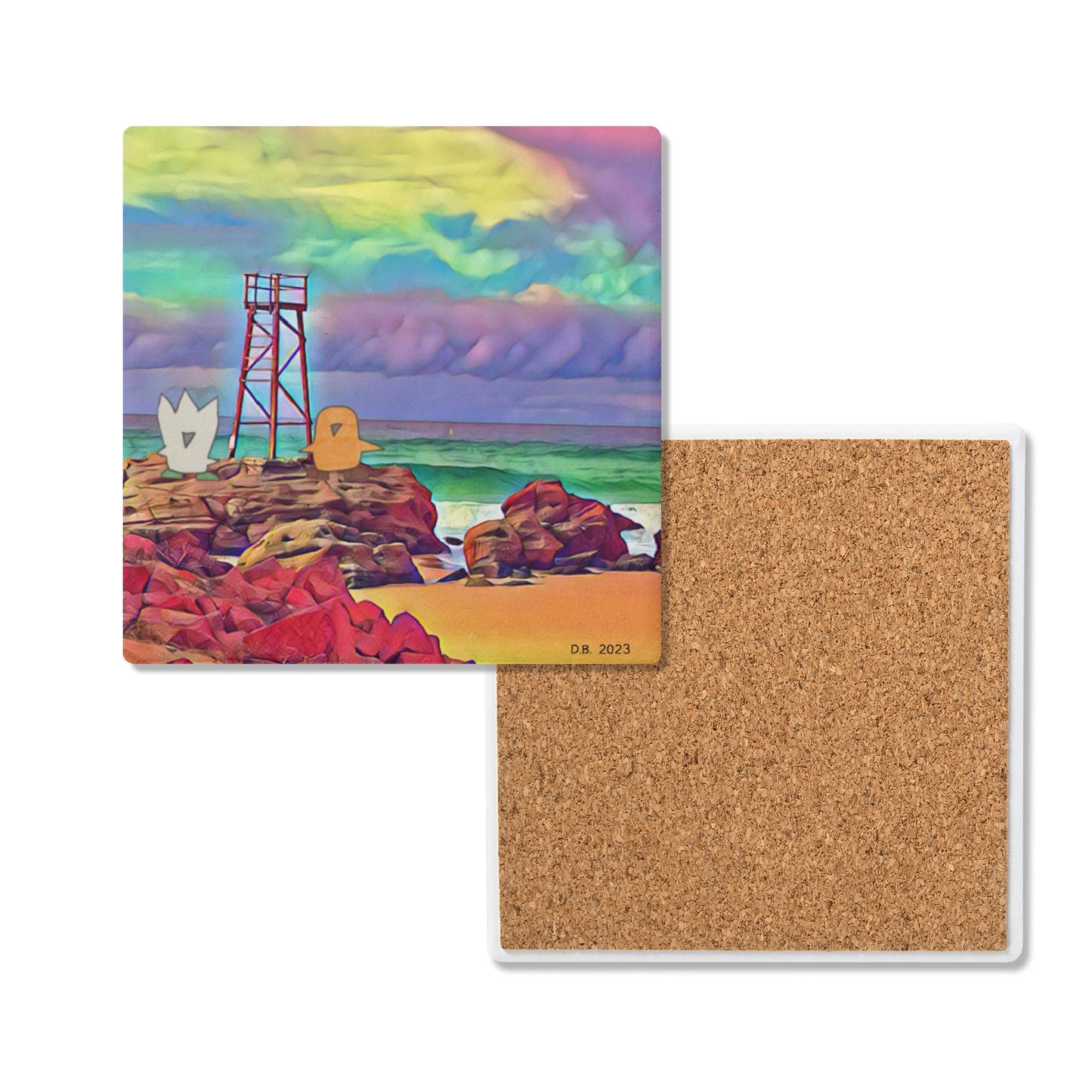Fuzzy and Muffin Patrolling Redhead Beach by Artist D.B. Square Ceramic Coasters