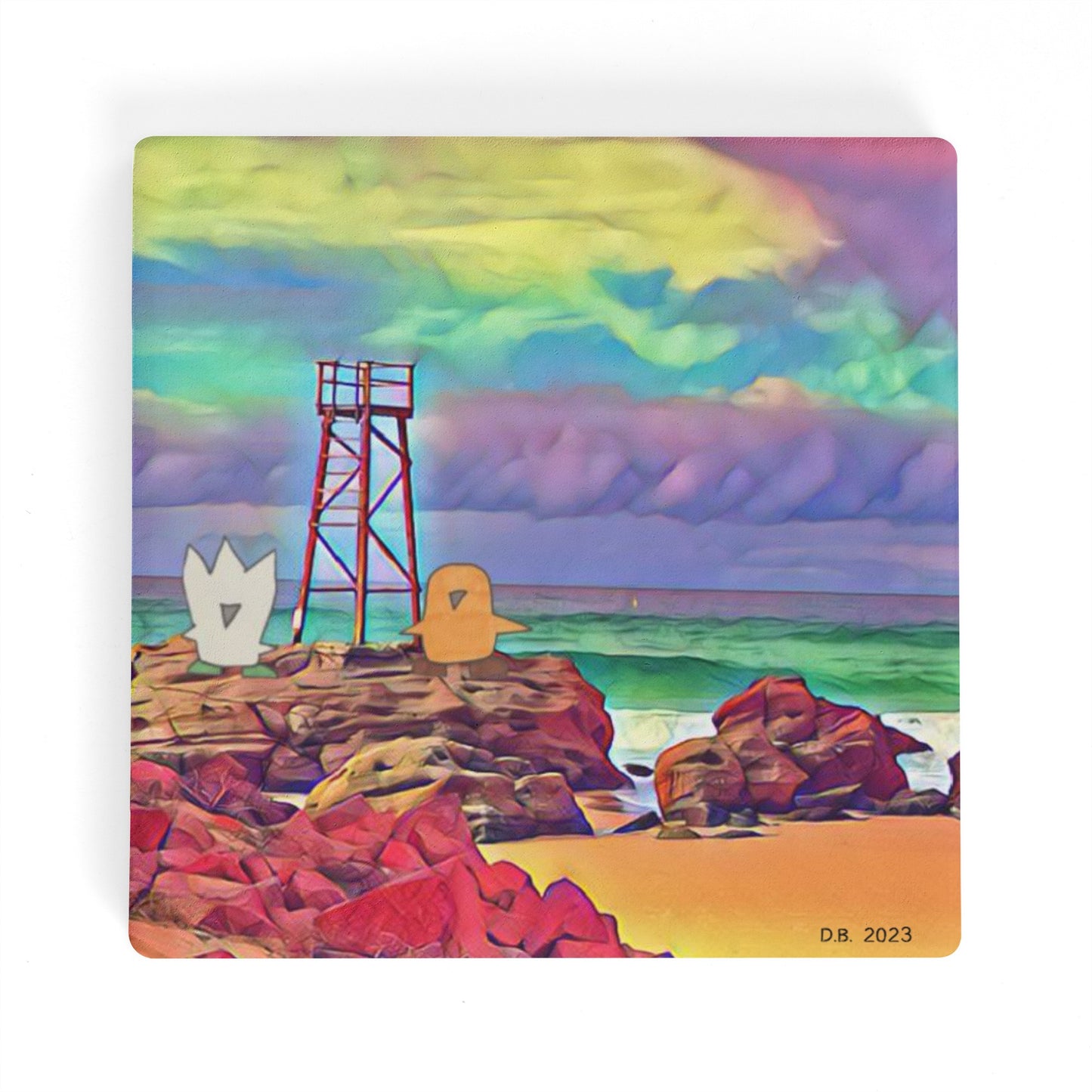 Fuzzy and Muffin Patrolling Redhead Beach by Artist D.B. Square Ceramic Coasters