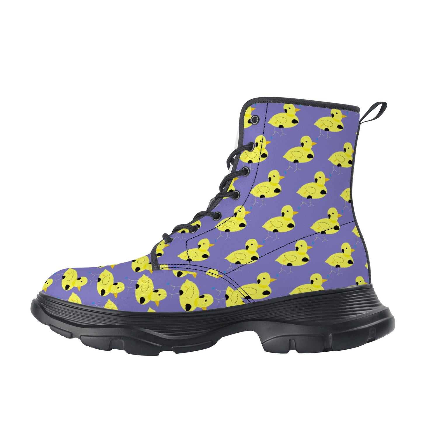 The Duckie featuring Myrtle the Four-Legged Chicken by Artist D.B. Vegan Leather Chunky Boots (Womens Sizing)