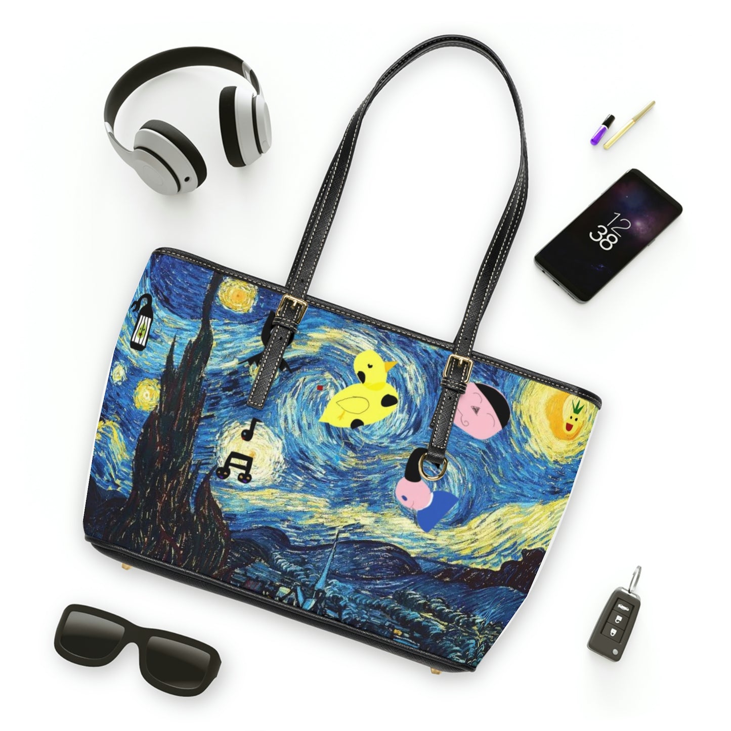 Vegan PU Leather Shoulder Bag with Oddly Starry Night Print by D.B.