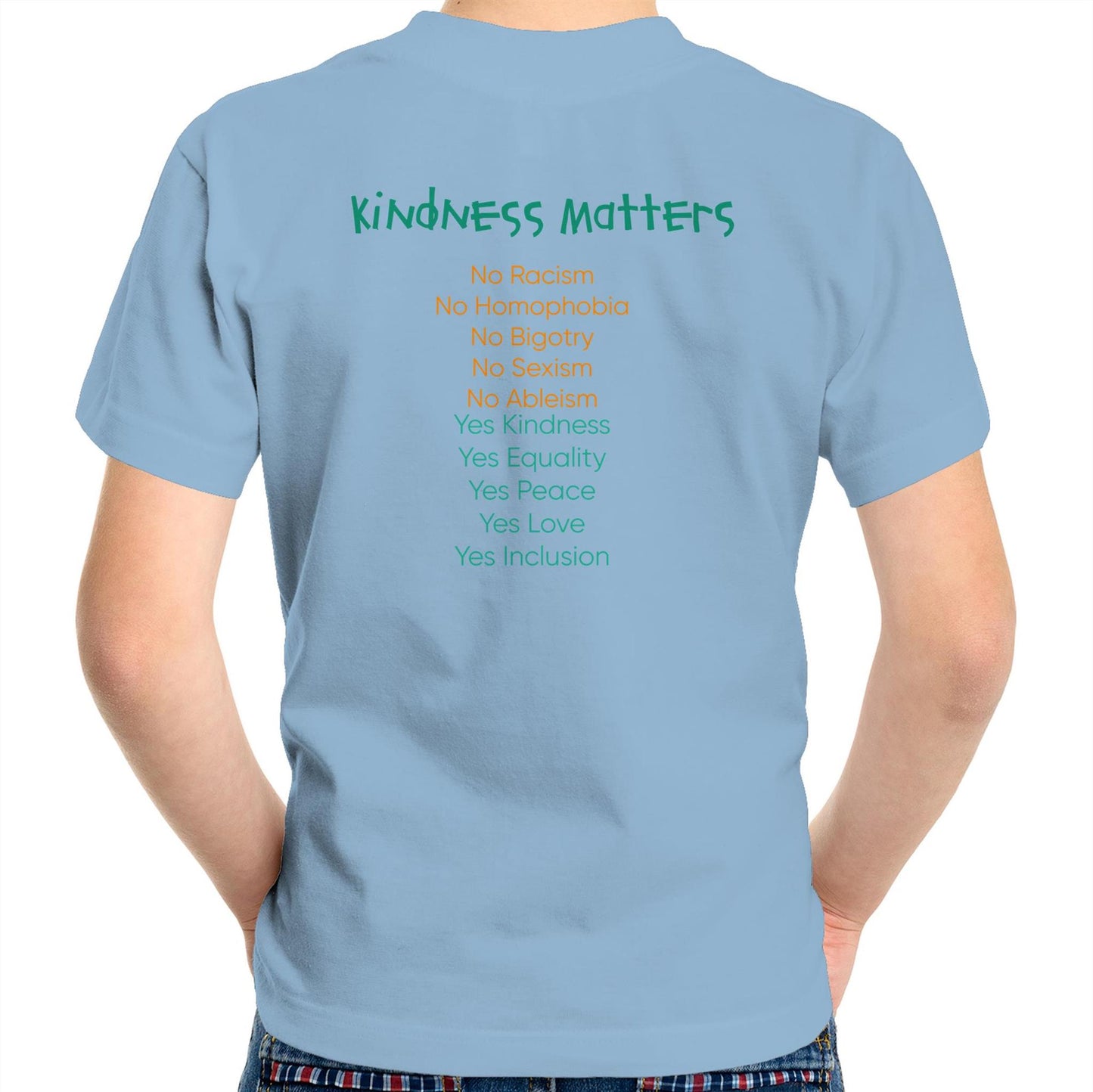 Kindness Matters, Kids Youth Crew T-Shirt by D.B. - Front and Back printing