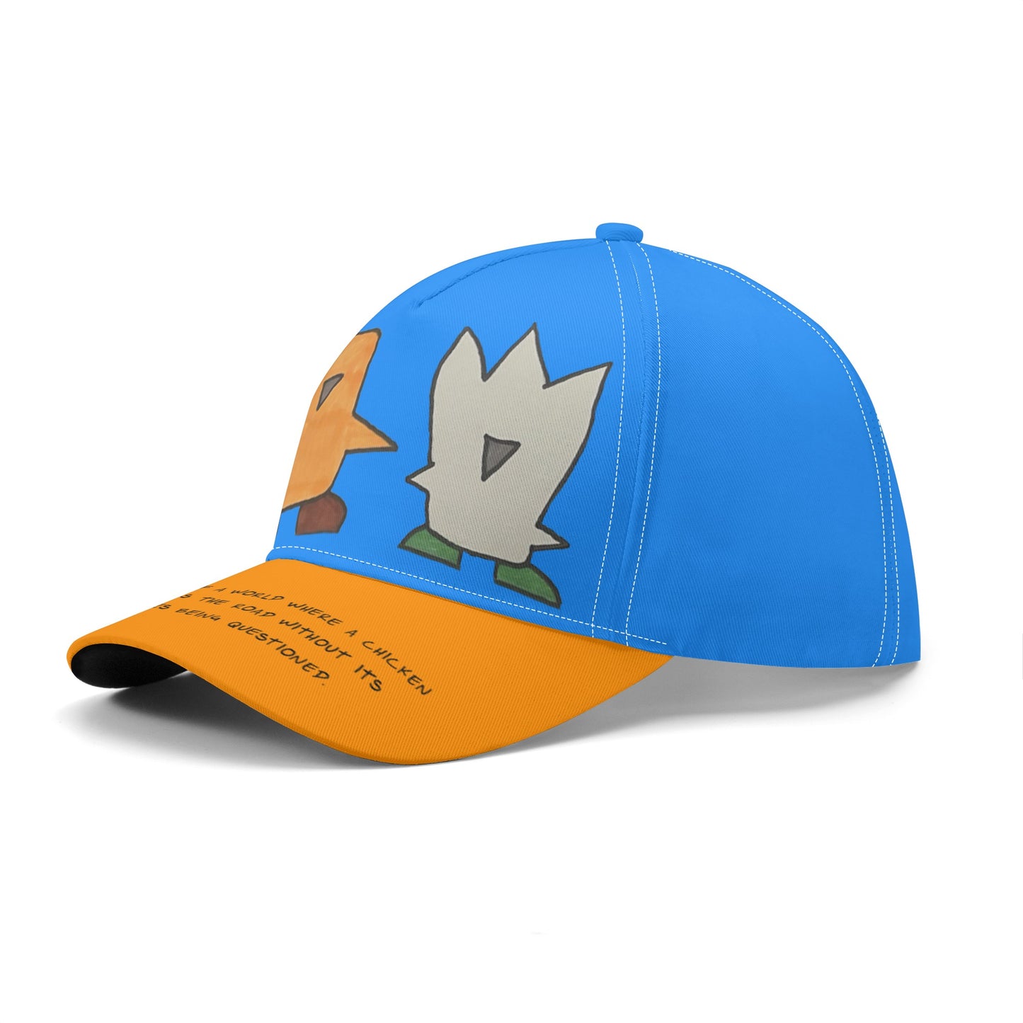 'I dream of a world' Baseball Cap in Blue/Orange with Fuzzy and Muffin artwork by D.B.