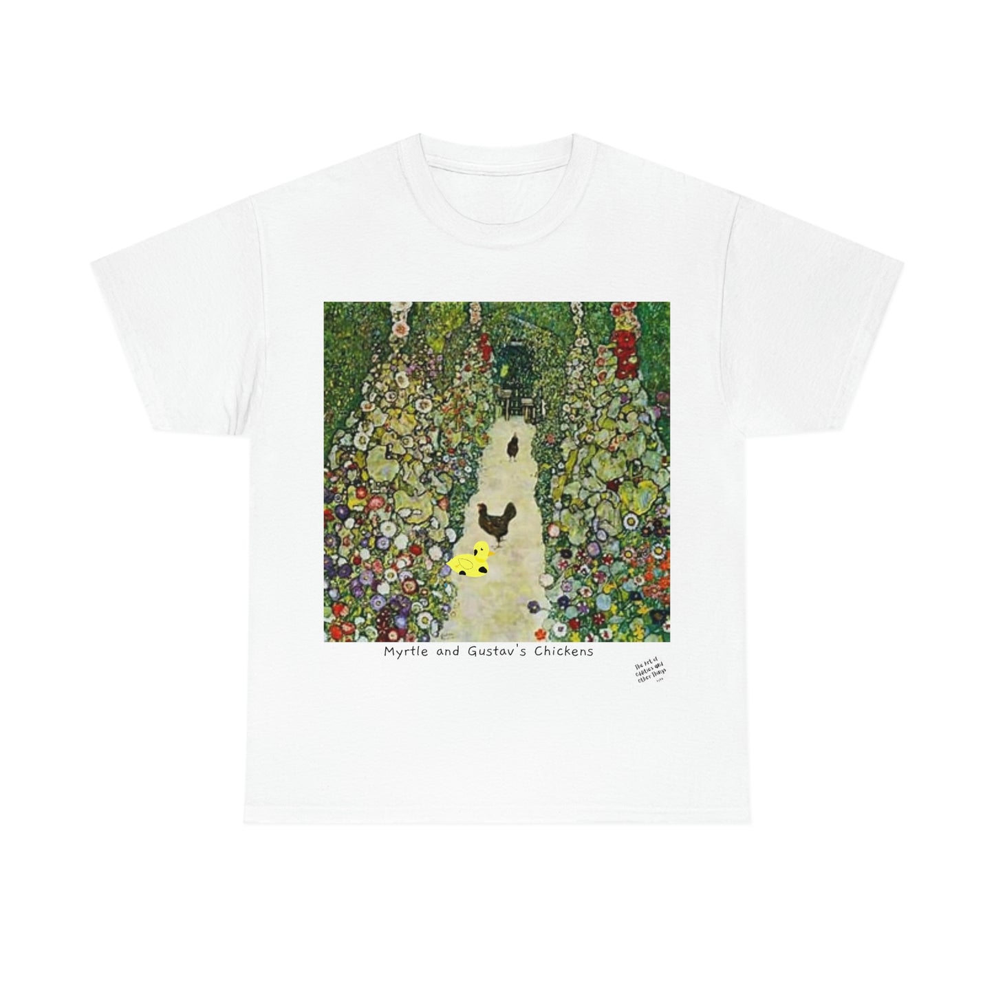 Unisex Heavy Cotton Tee with Myrtle and Gustav's Chickens by D.B. all over print