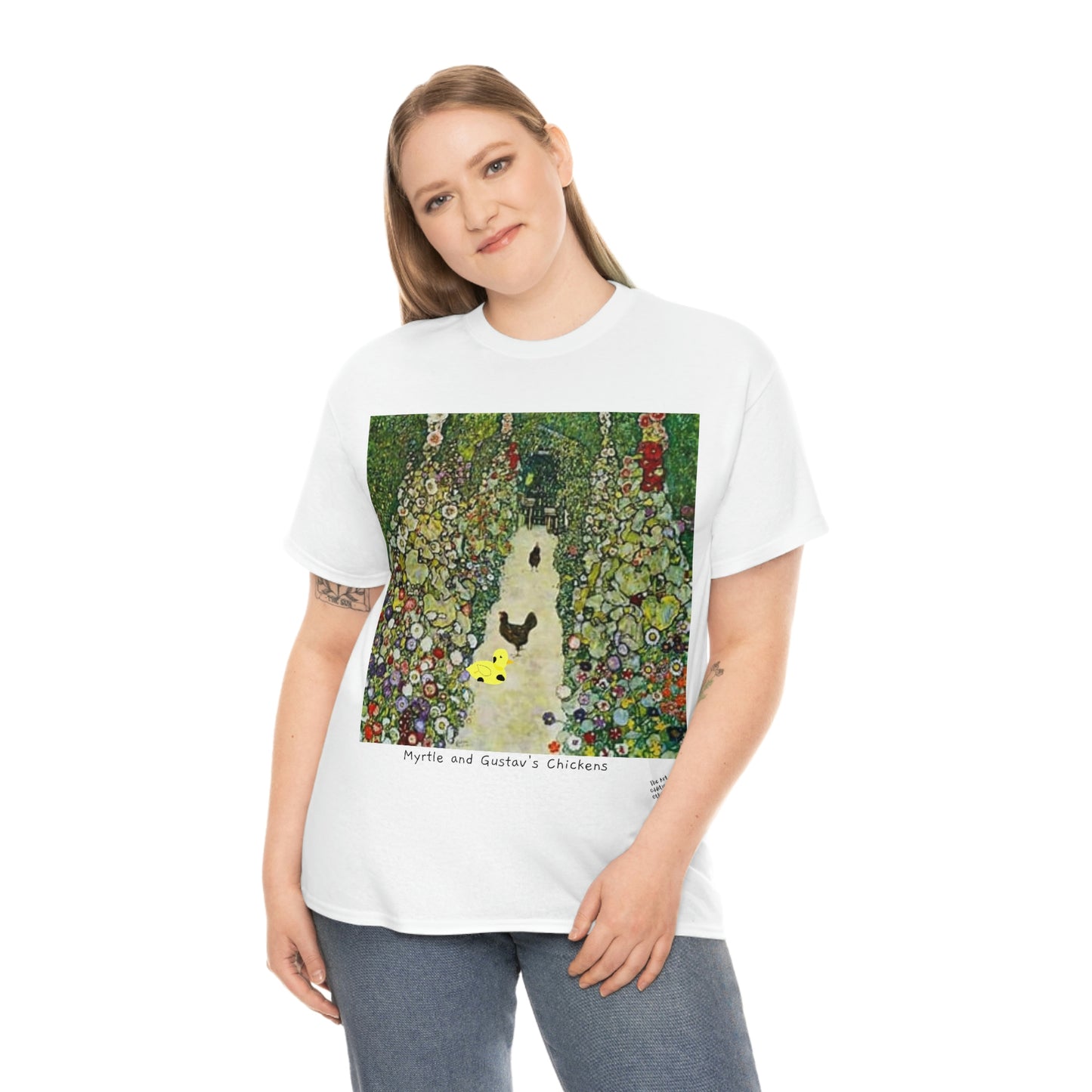 Unisex Heavy Cotton Tee with Myrtle and Gustav's Chickens by D.B. all over print
