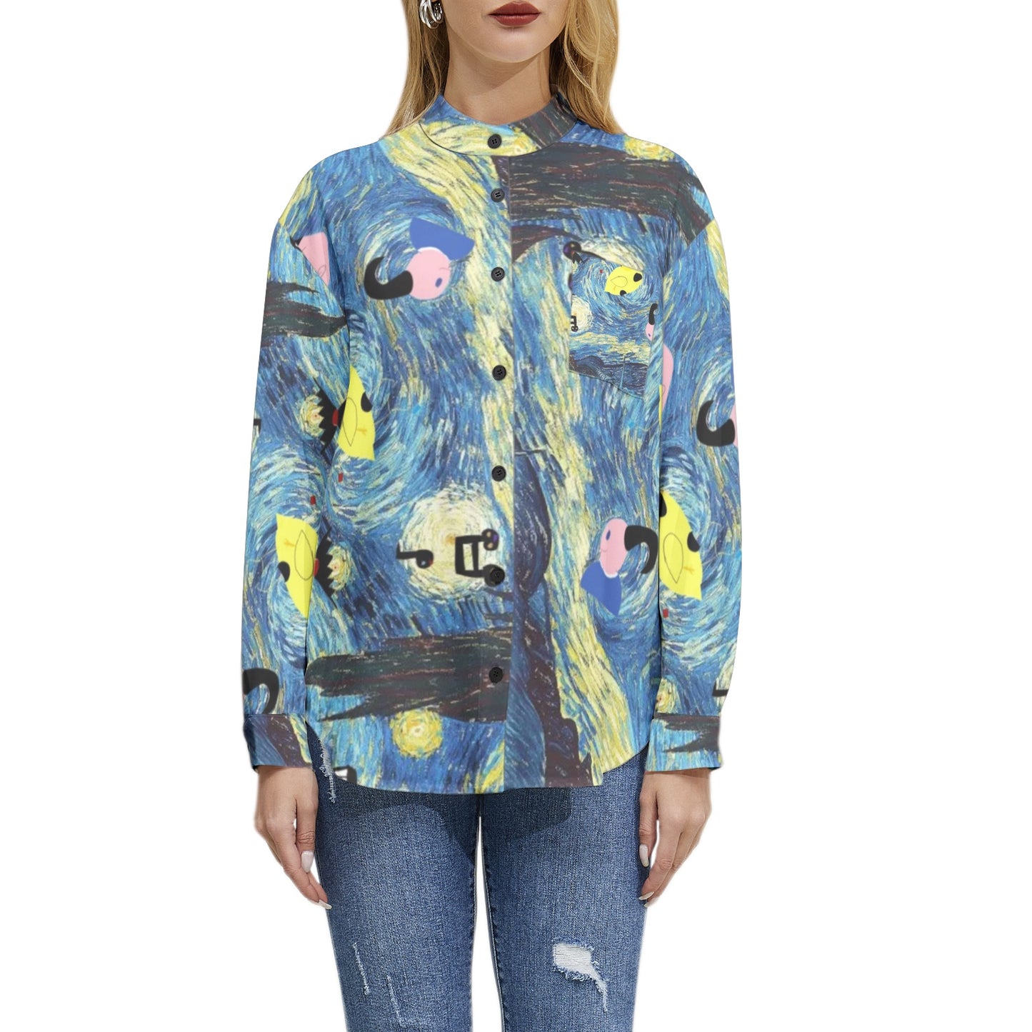 Long Sleeve Button Up Casual Shirt Top with Oddly Starry Night by D.B. print