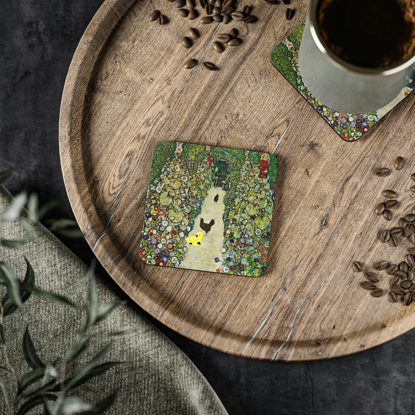 Myrtle and Gustav's Chickens by D.B. printed on stylish Drink Coasters