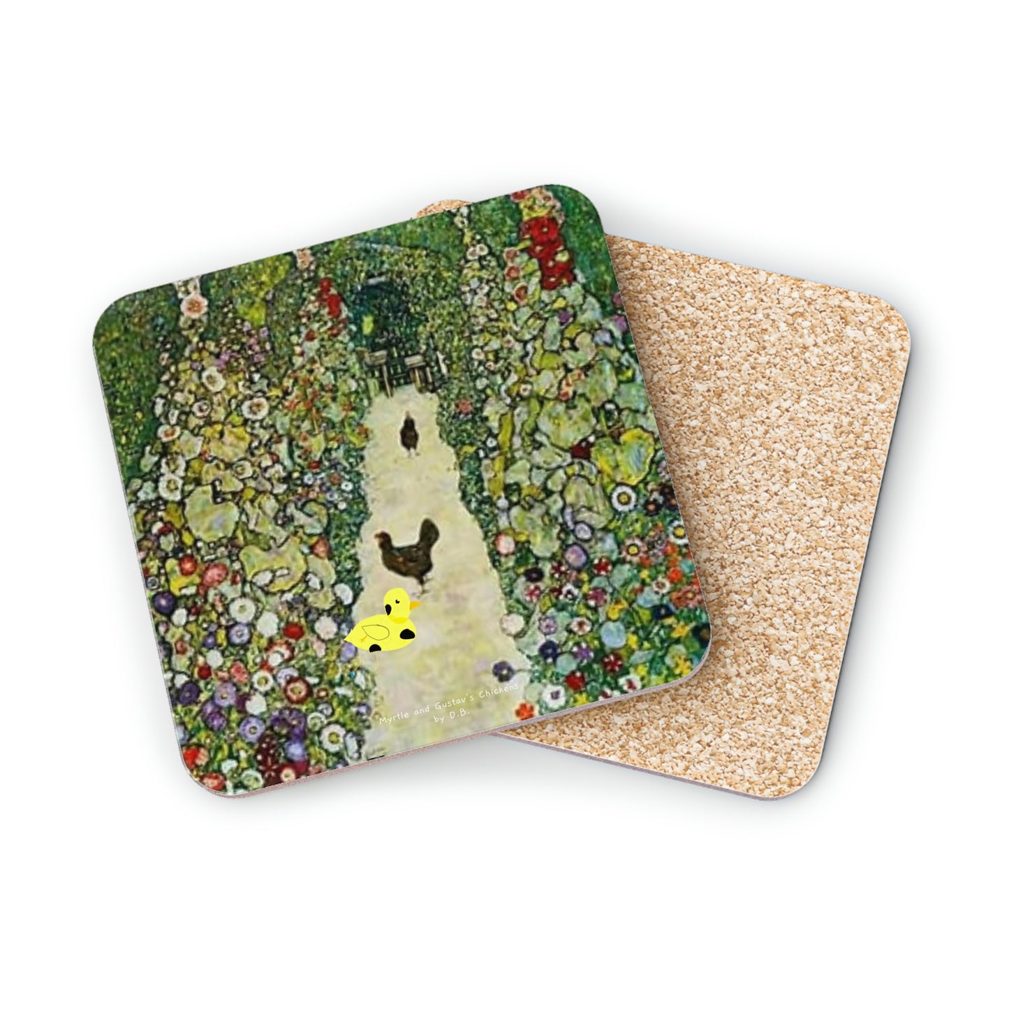 Myrtle and Gustav's Chickens by D.B. printed on stylish Drink Coasters