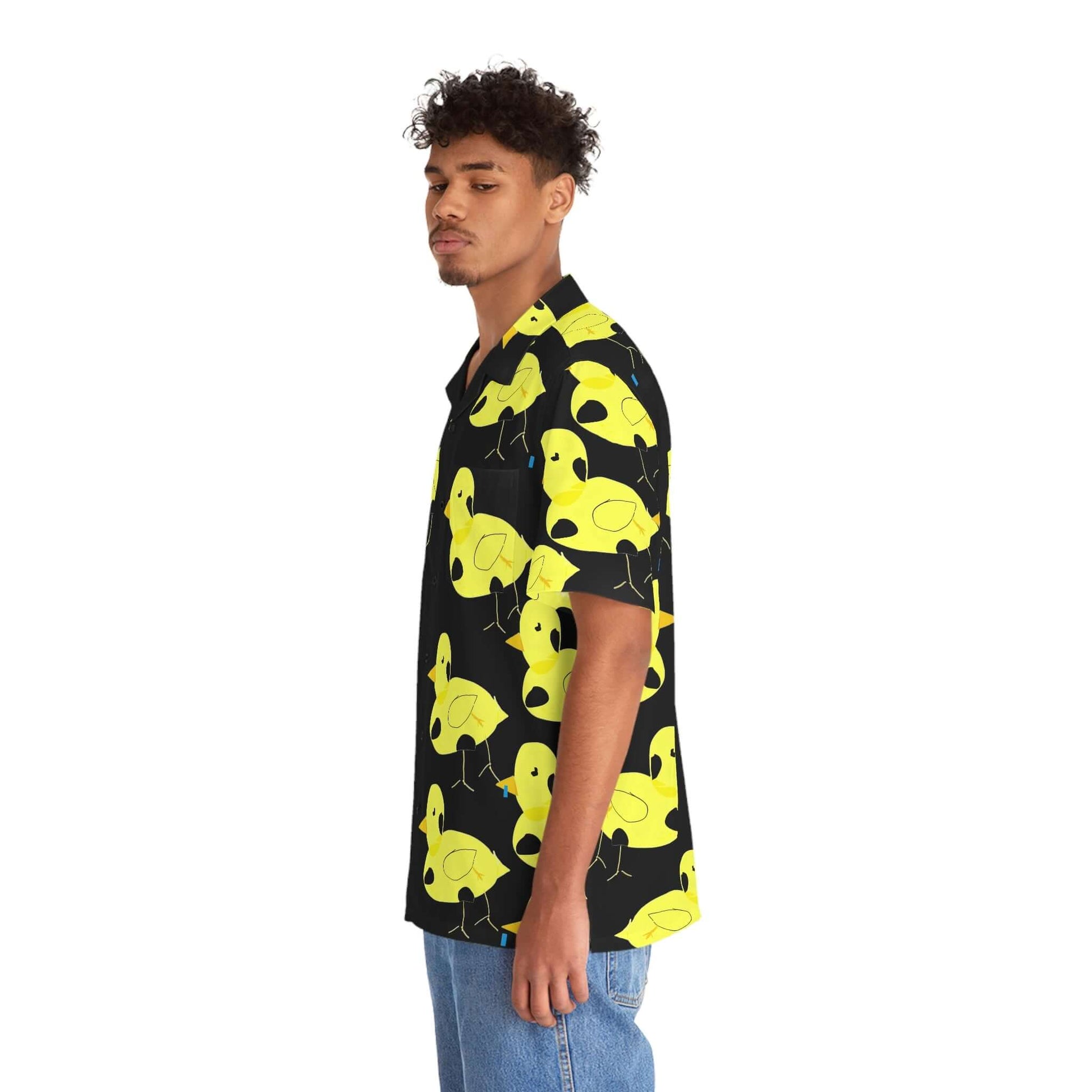Black button up Black button up Hawaiian Shirt with bright yellow Four-Legged Chicken print by young disabled artist D.B.