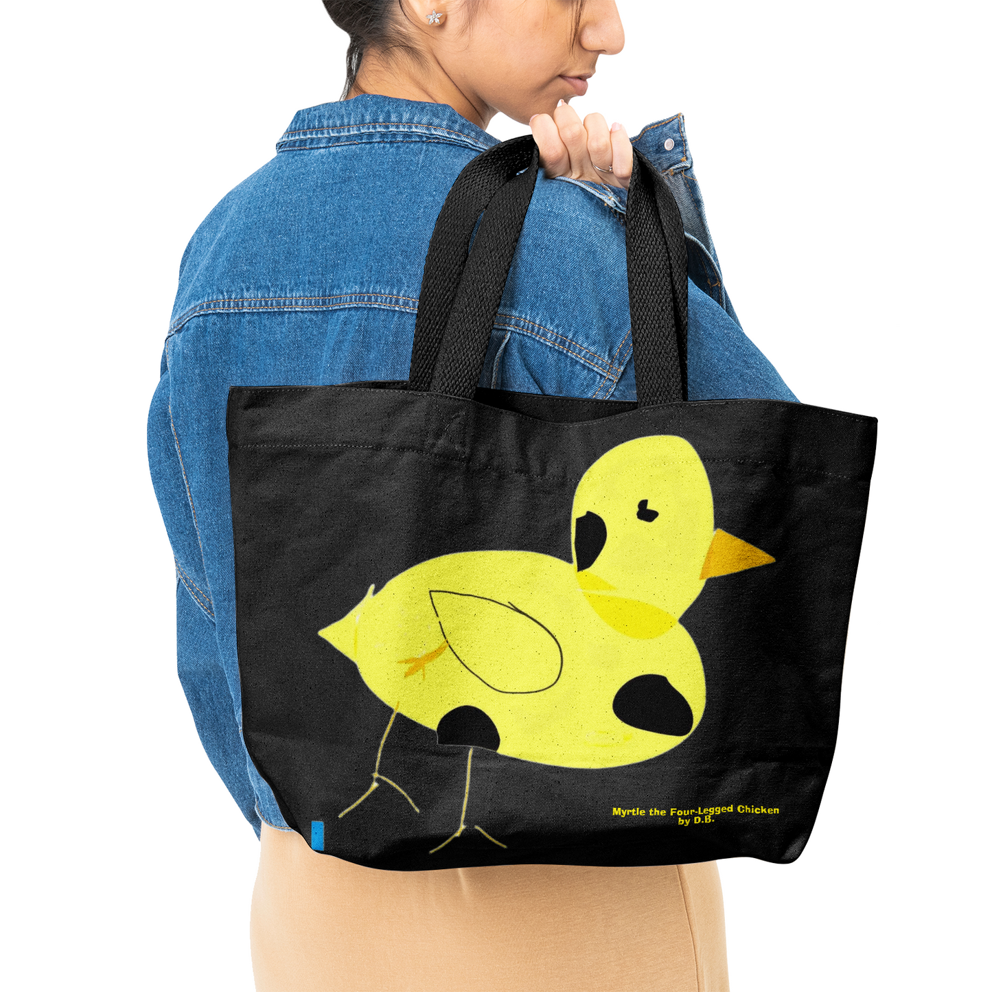 Heavy Duty and Strong Natural Canvas Tote Bags in black with Myrtle the Four-Legged Chicken by D.B. print