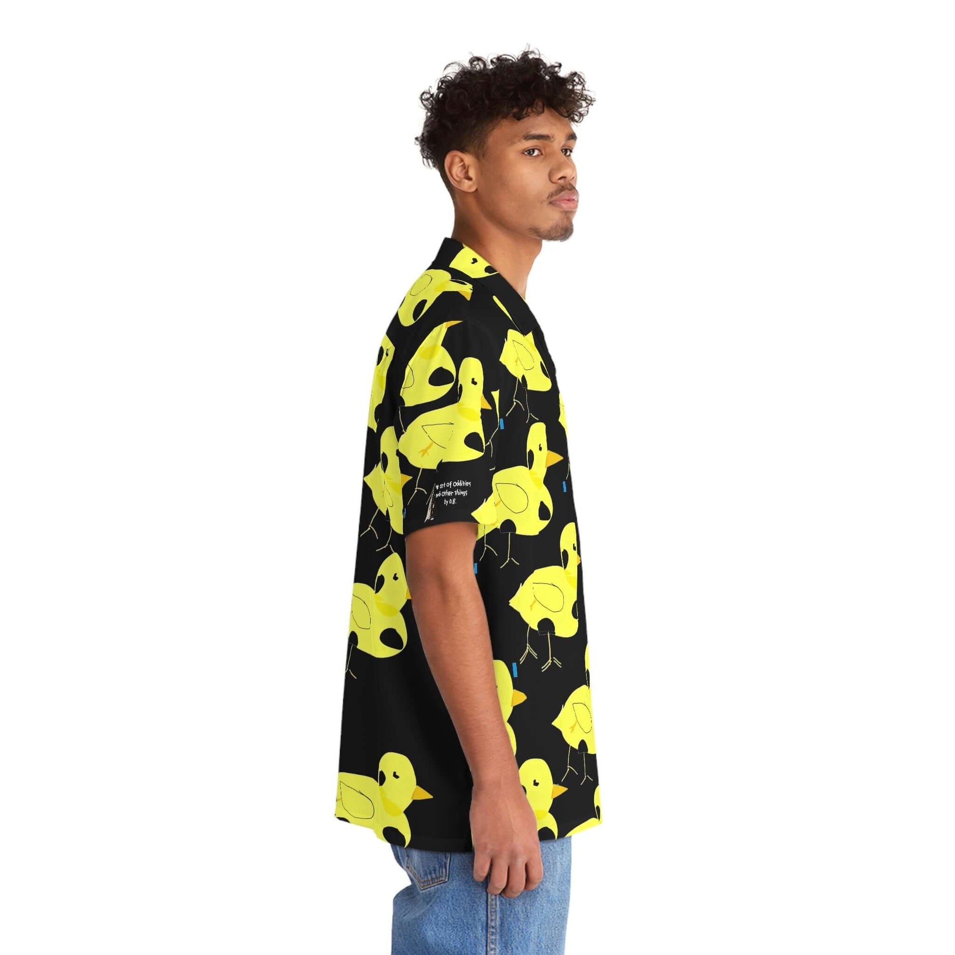 Black button up Hawaiian Shirt with bright yellow Four-Legged Chicken print by young disabled artist D.B.