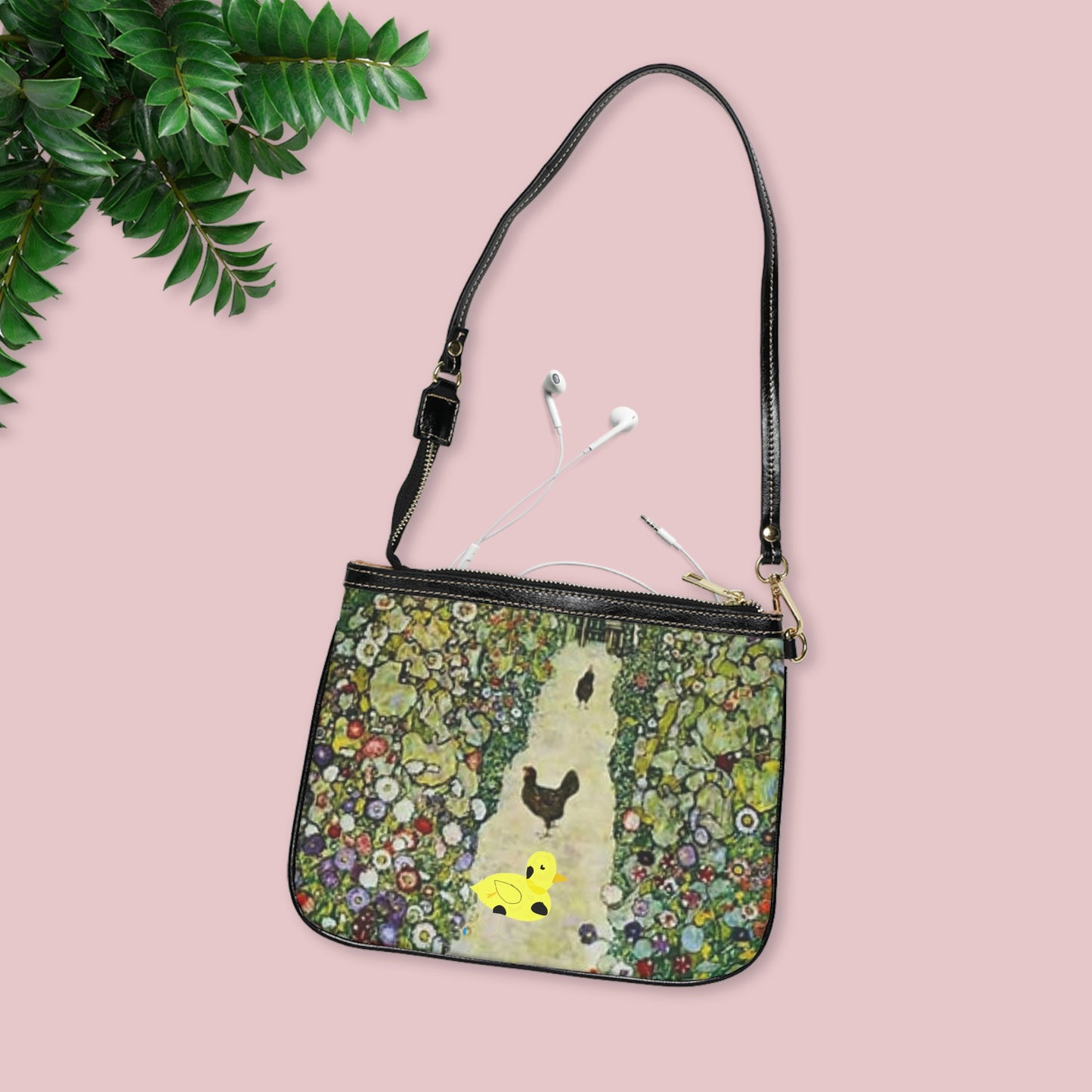 Small Shoulder Bag with Myrtle and Gustav's Chickens print by D.B.