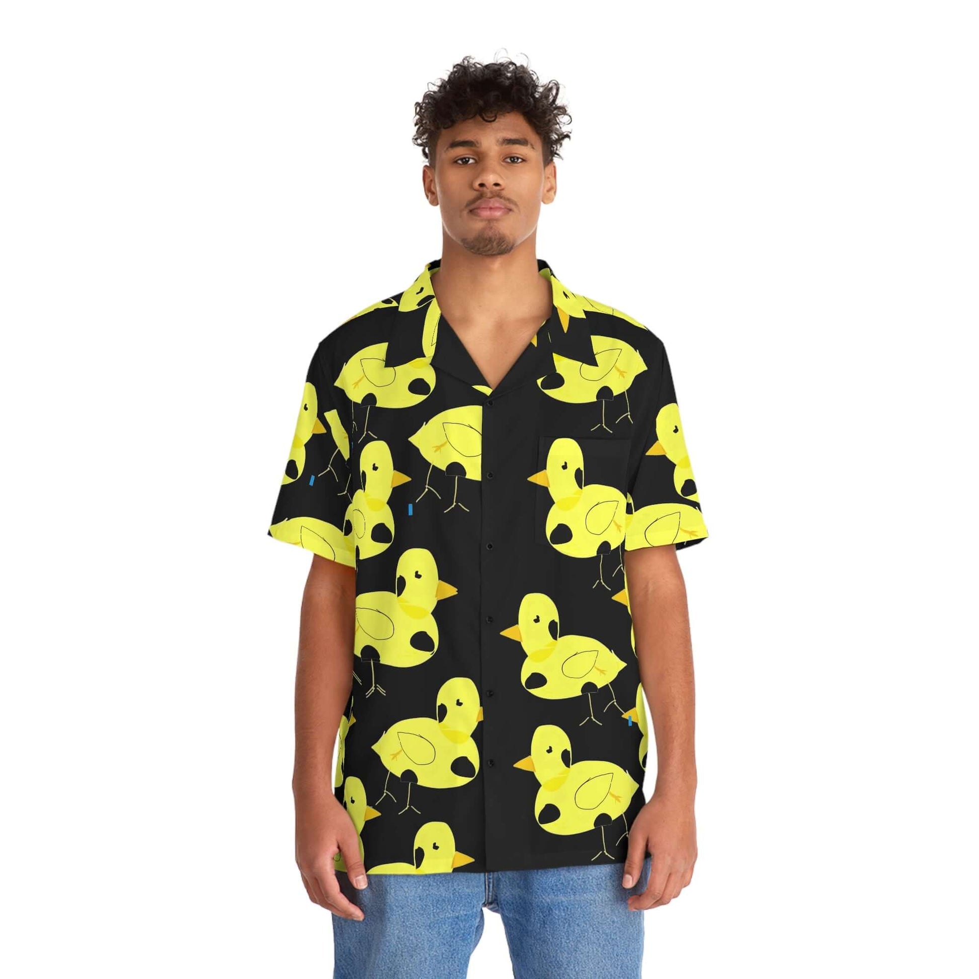Black button up Hawaiian Shirt with bright yellow Four-Legged Chicken print by young disabled artist D.B.