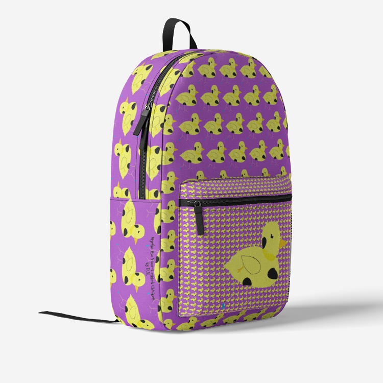 Purple Leopard Print Retro Colorful Print Trendy Backpack with Myrtle the Four-Legged Chicken print by D.B.