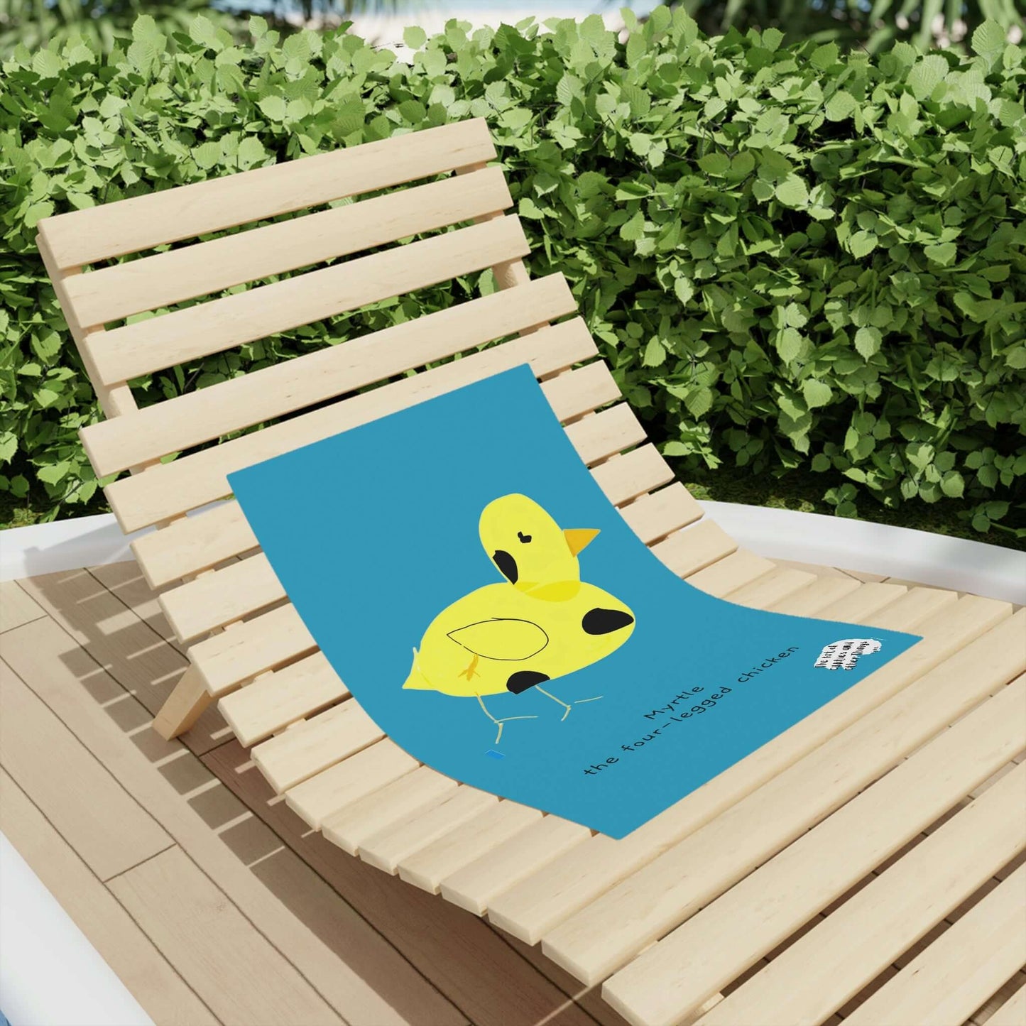 Beach Towel with print of Myrtle the four-legged chicken by DB