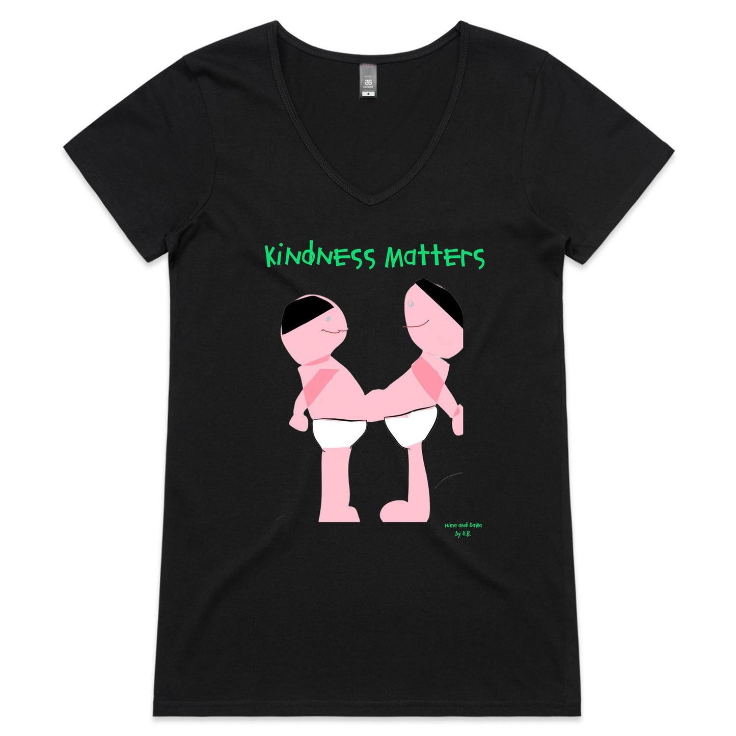 Kindness Matters Womens V-Neck T-Shirt with Nima and Dawa print by D.B. - printed front and back