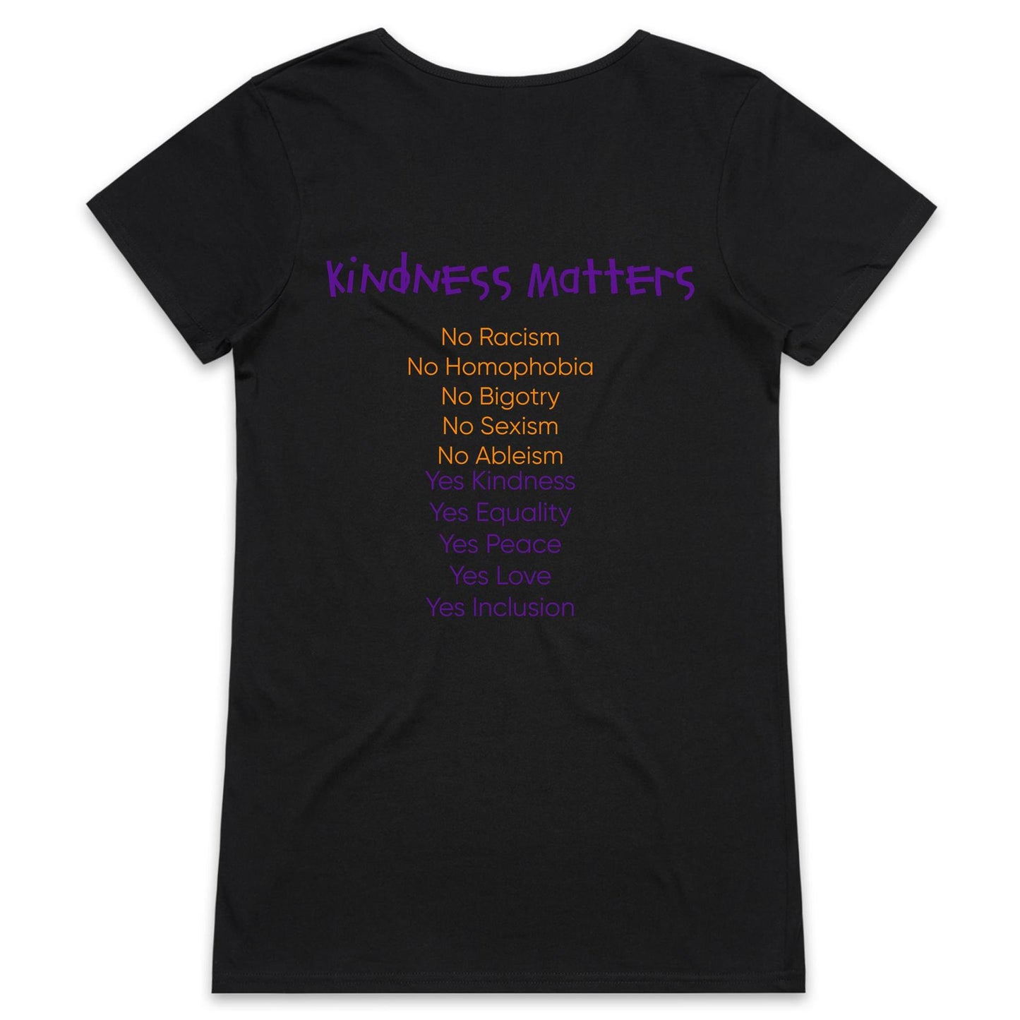 Kindness Matters Womens V-Neck T-Shirt with Nima and Dawa print by D.B. - printed front and back